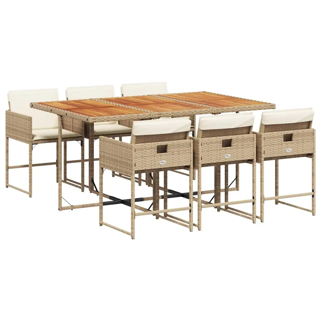 7 Piece Garden Dining Set Beige Poly Rattan Chairs Table Acacia Wood Top Outdoor Furniture