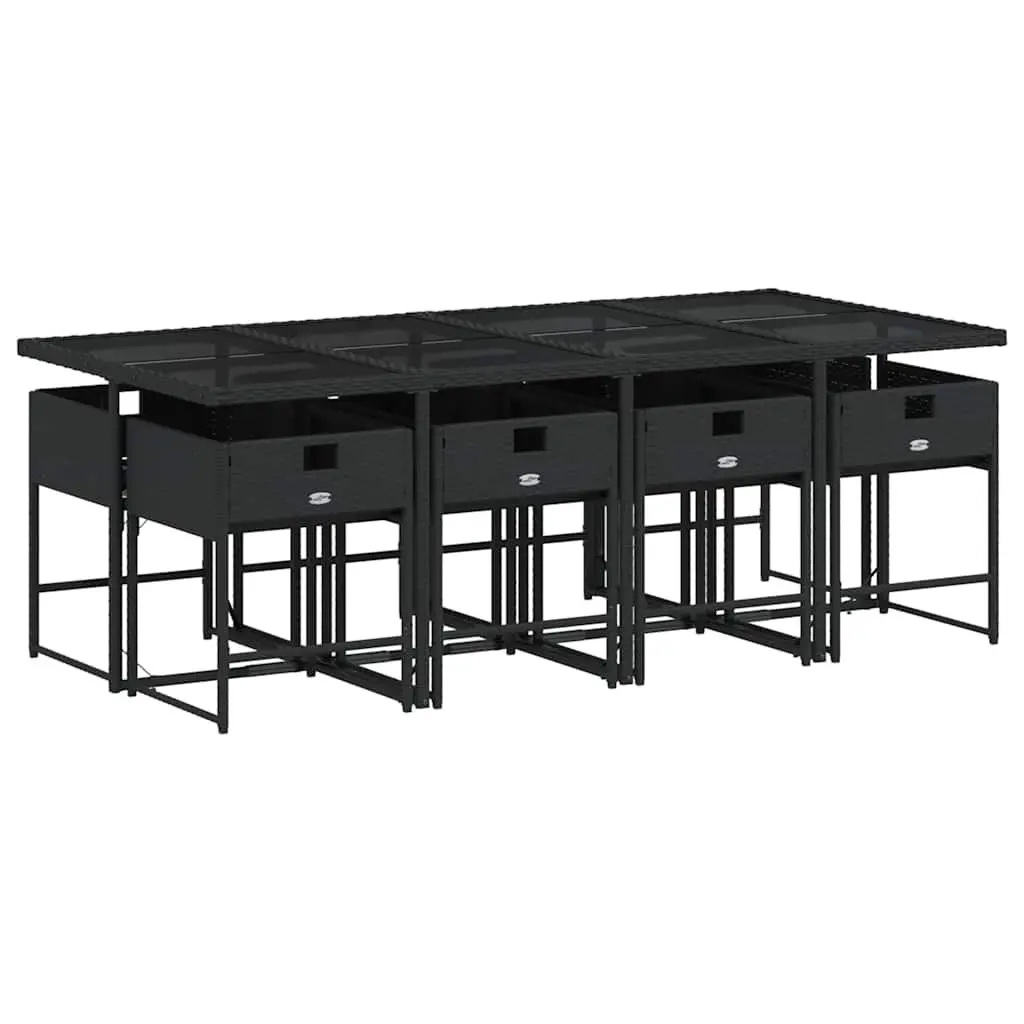 Garden Dining Set 9 Piece Black Poly Rattan Outdoor Furniture with Foldable Chairs and Tempered Glass Table