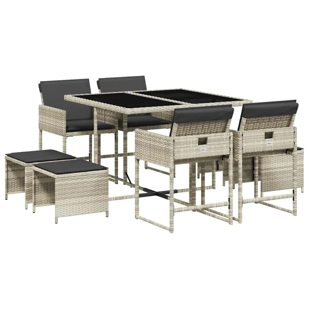 Garden Dining Set 9 Piece Grey Poly Rattan Outdoor Furniture with Foldable Chairs and Tempered Glass Table