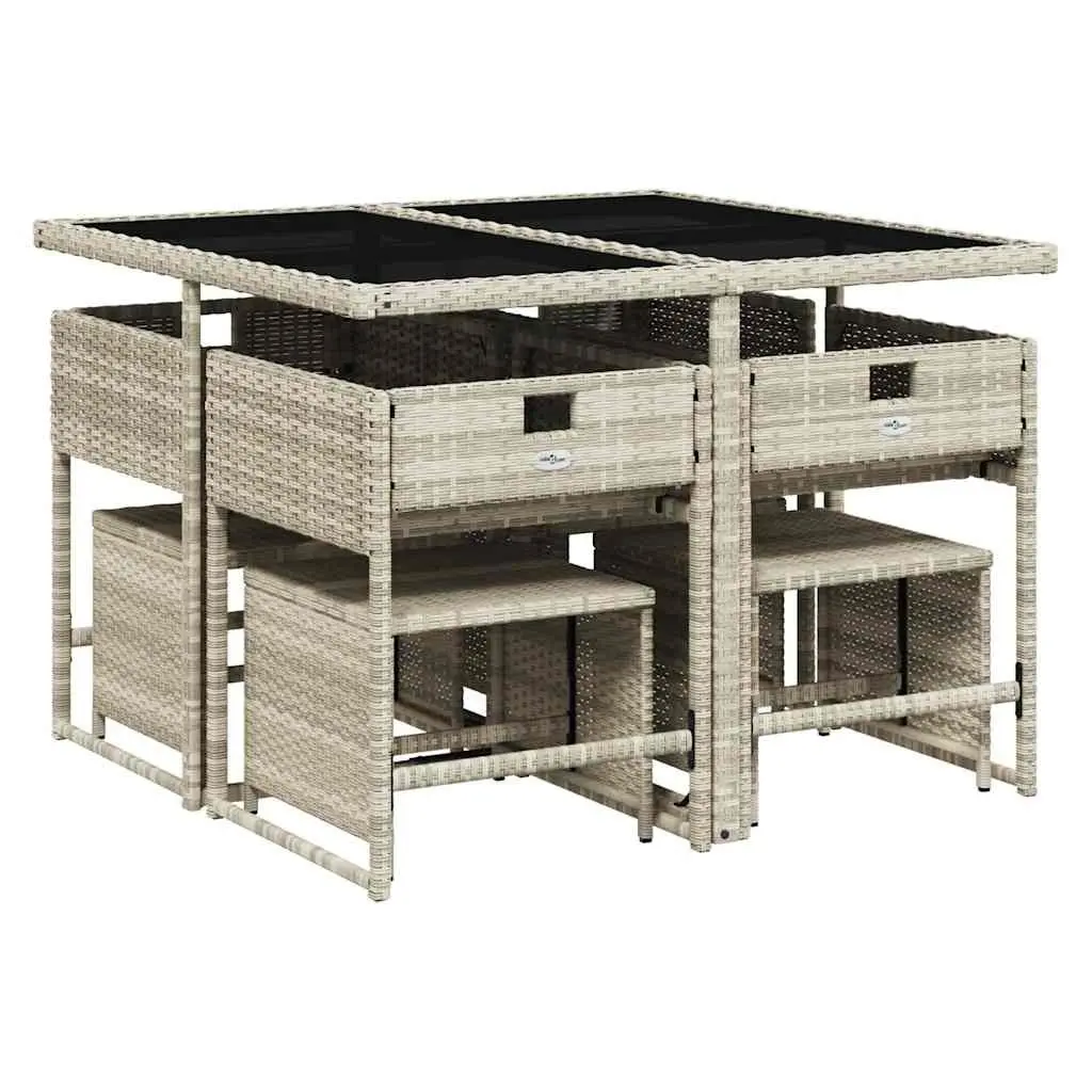 Garden Dining Set 9 Piece Grey Poly Rattan Outdoor Furniture with Foldable Chairs and Tempered Glass Table