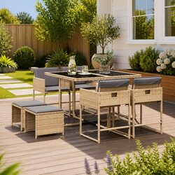 Garden Dining Set 9 Piece Outdoor Furniture Patio Chairs Table Cushions Beige