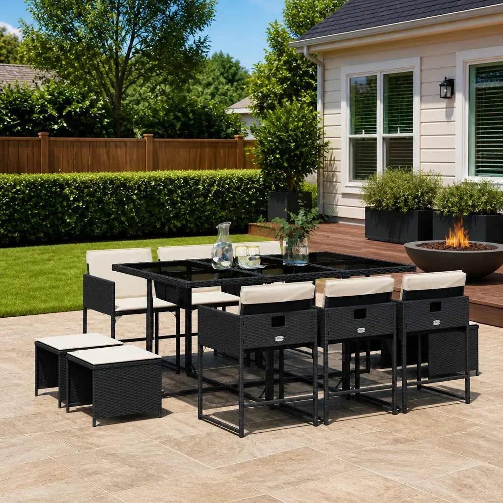 11 Piece Garden Dining Set Outdoor Patio Furniture Black PE Rattan Chairs Table with Foldable Backrests and Tempered Glass Top