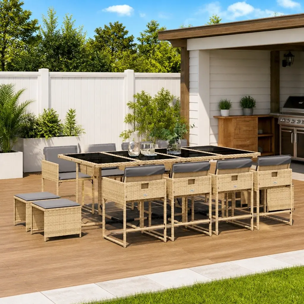 Outdoor Furniture Set 13 Piece Garden Dining Poly Rattan Table and Chairs Beige