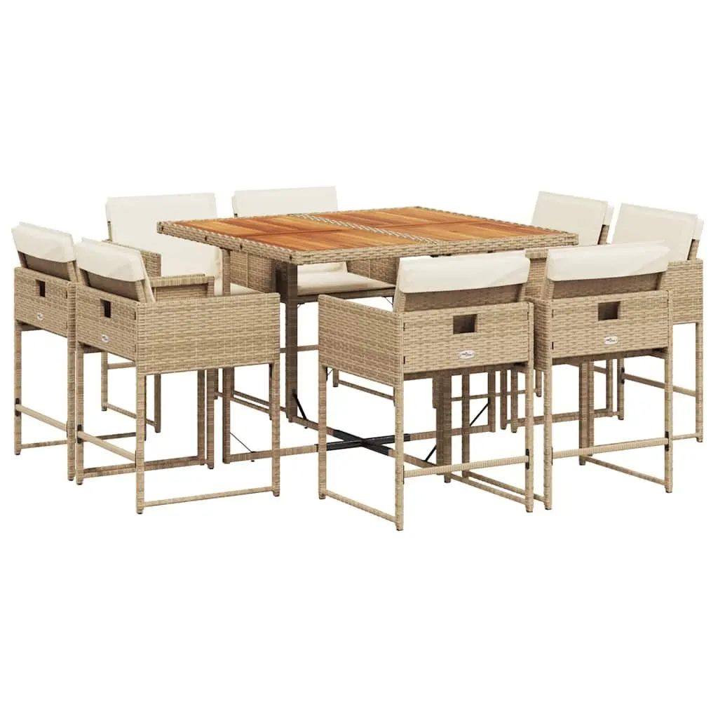 Outdoor Dining Set 9 Piece Beige Poly Rattan Frame Acacia Wood Table Thickly Padded Cushions