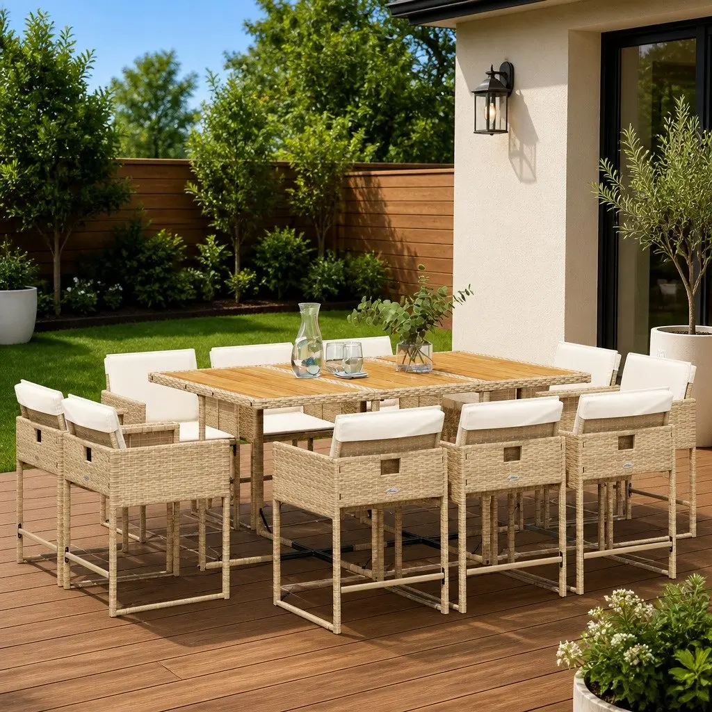 Garden Dining Set 11 Piece Outdoor Furniture Beige Poly Rattan Table Chairs