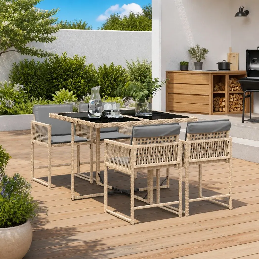 5 Piece Garden Dining Set Outdoor Patio Furniture Beige Poly Rattan with Cushions