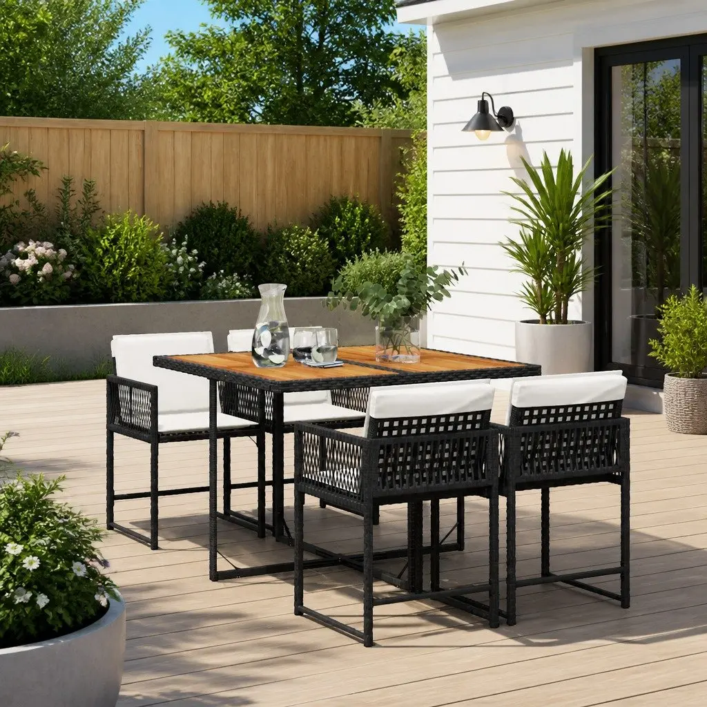 Garden Dining Set 5 Piece Outdoor Furniture Black PE Rattan with Cushions and Acacia Wood Tabletop