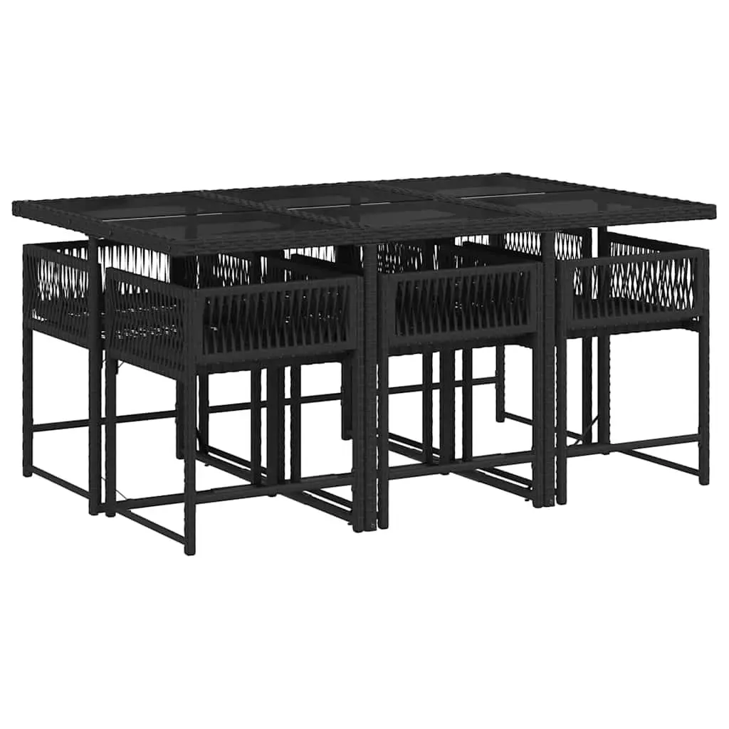 7 Piece Outdoor Garden Dining Set Black Poly Rattan Chairs Table Cushions