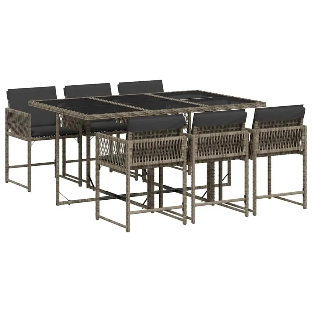 Garden Dining Set 7 Piece Outdoor Furniture Grey Poly Rattan with Cushions Tempered Glass Top Folding Chairs