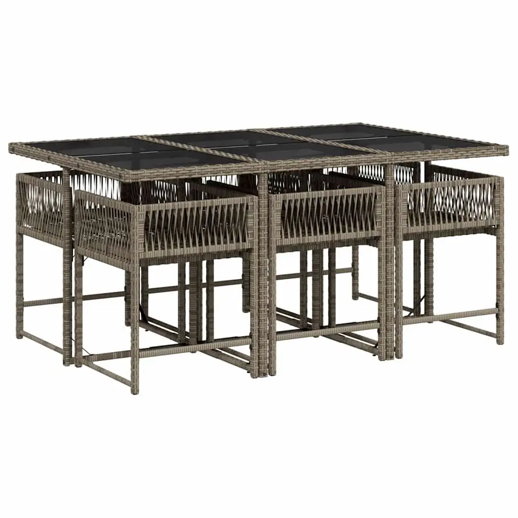 Garden Dining Set 7 Piece Outdoor Furniture Grey Poly Rattan with Cushions Tempered Glass Top Folding Chairs