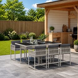 Outdoor 7 Piece Dining Set in Grey Poly Rattan with Cushions