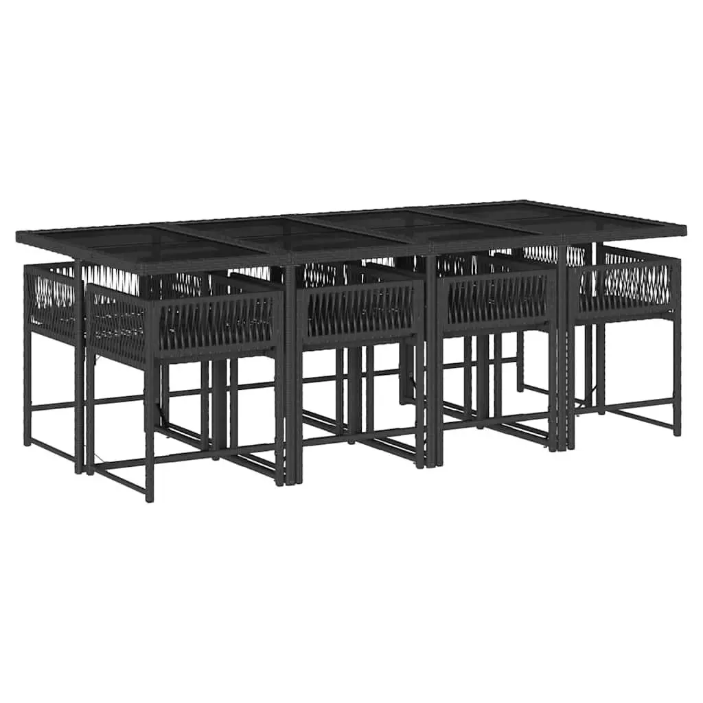 Garden Dining Set 9 Piece Black Poly Rattan Chairs Table with Tempered Glass Top and Thickly Padded Cushions for Outdoor Use