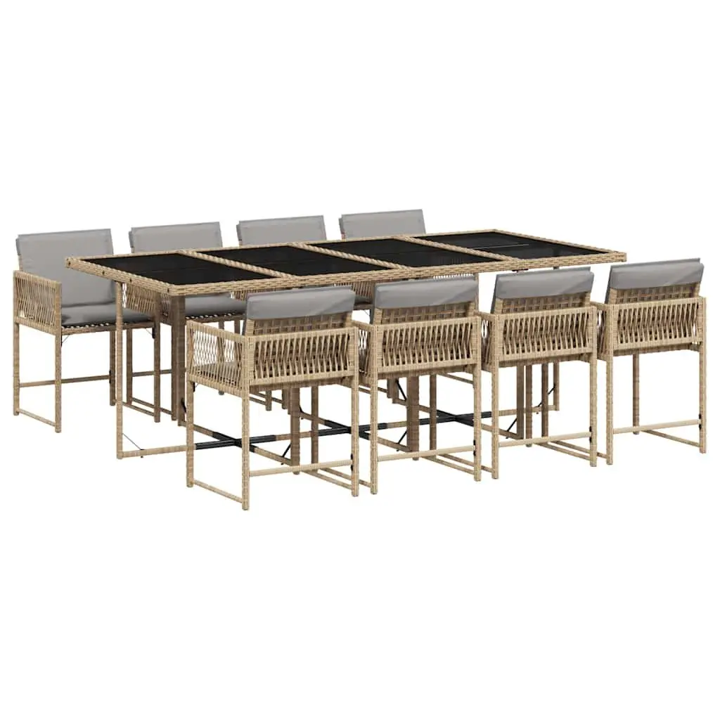 Garden Dining Set 9 Piece Outdoor Patio Furniture Beige Poly Rattan Cushions Tempered Glass Top Foldable Chair Backrests