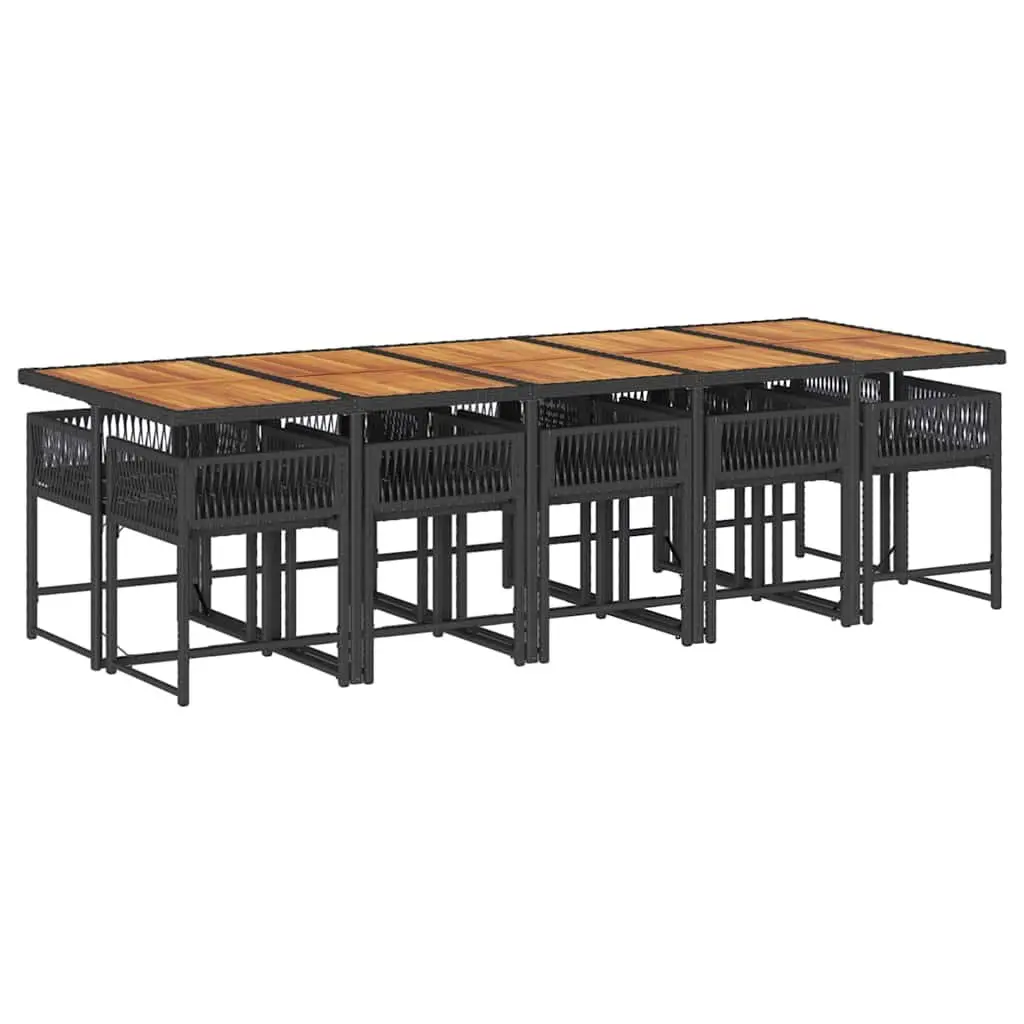 11 Piece Outdoor Dining Set Acacia Wood Table Black PE Rattan Chairs Cushions Weather Resistant