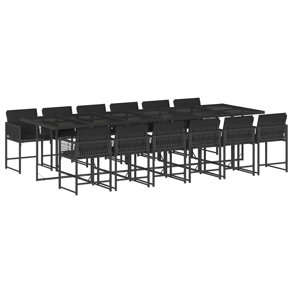 13 Piece Outdoor Dining Set Black Poly Rattan Chairs Table Tempered Glass Top