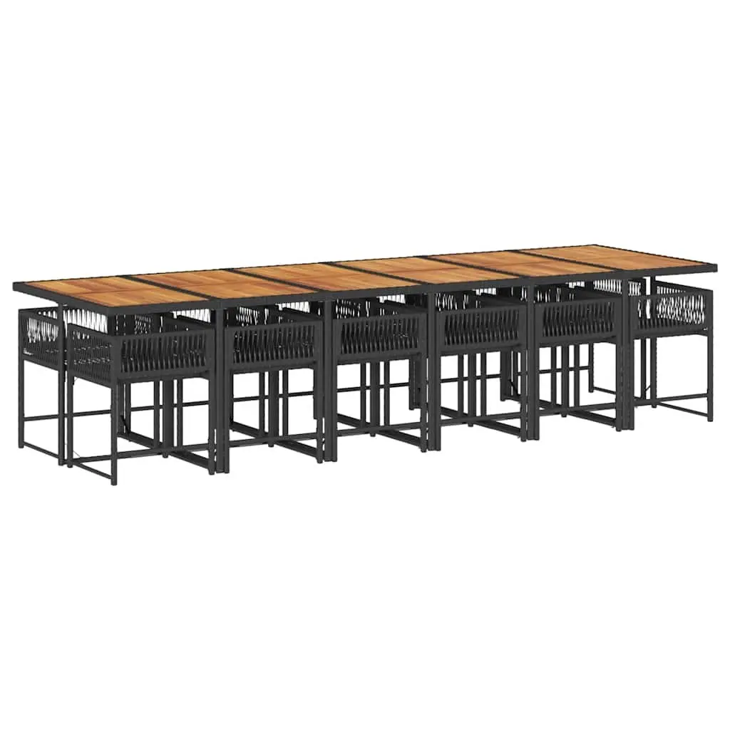 Garden Dining Set 13 Piece Black PE Rattan with Cushions and Acacia Wood Table for Outdoor Patio