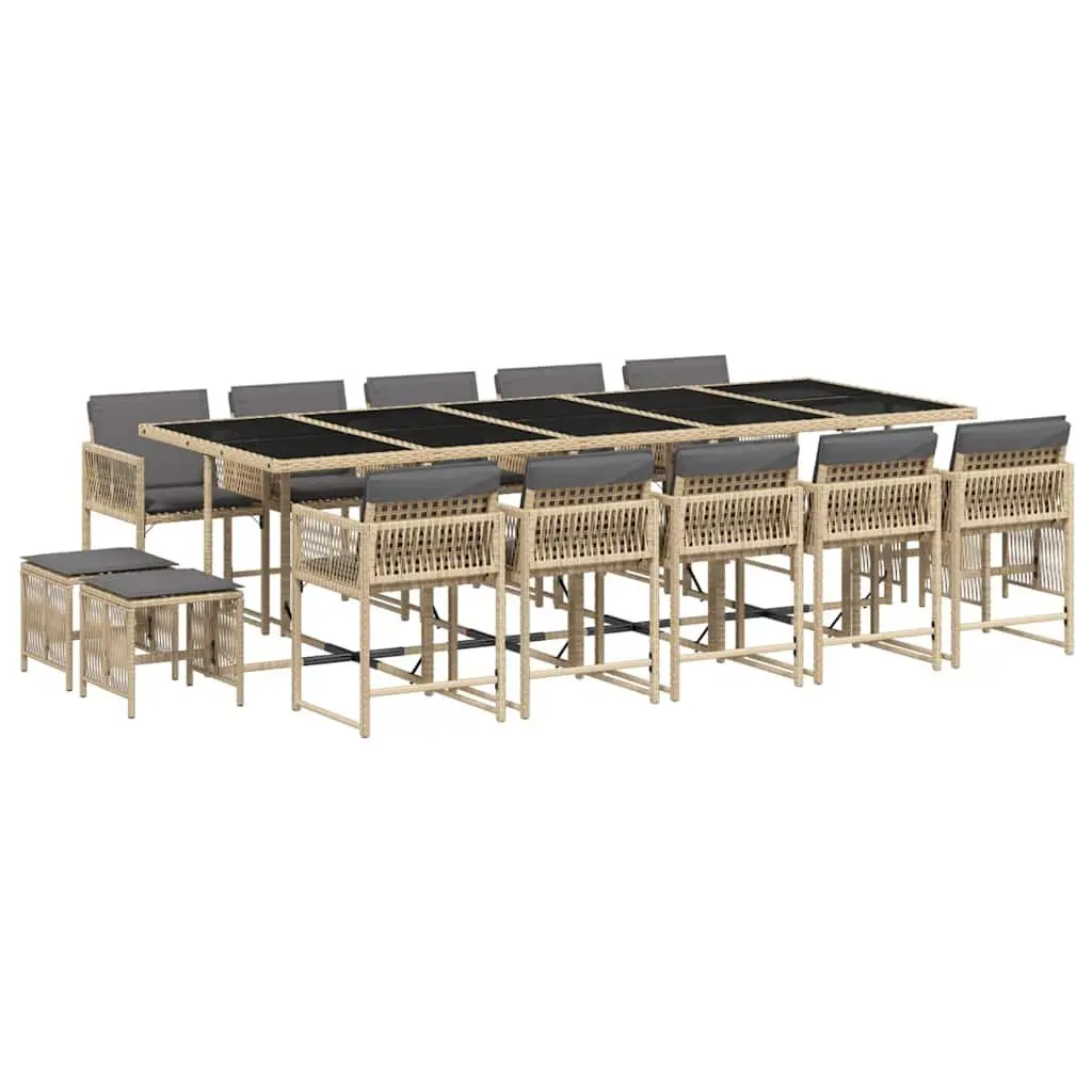 Garden Dining Set 15 Piece Outdoor Furniture Beige Poly Rattan Cushions Glass Top
