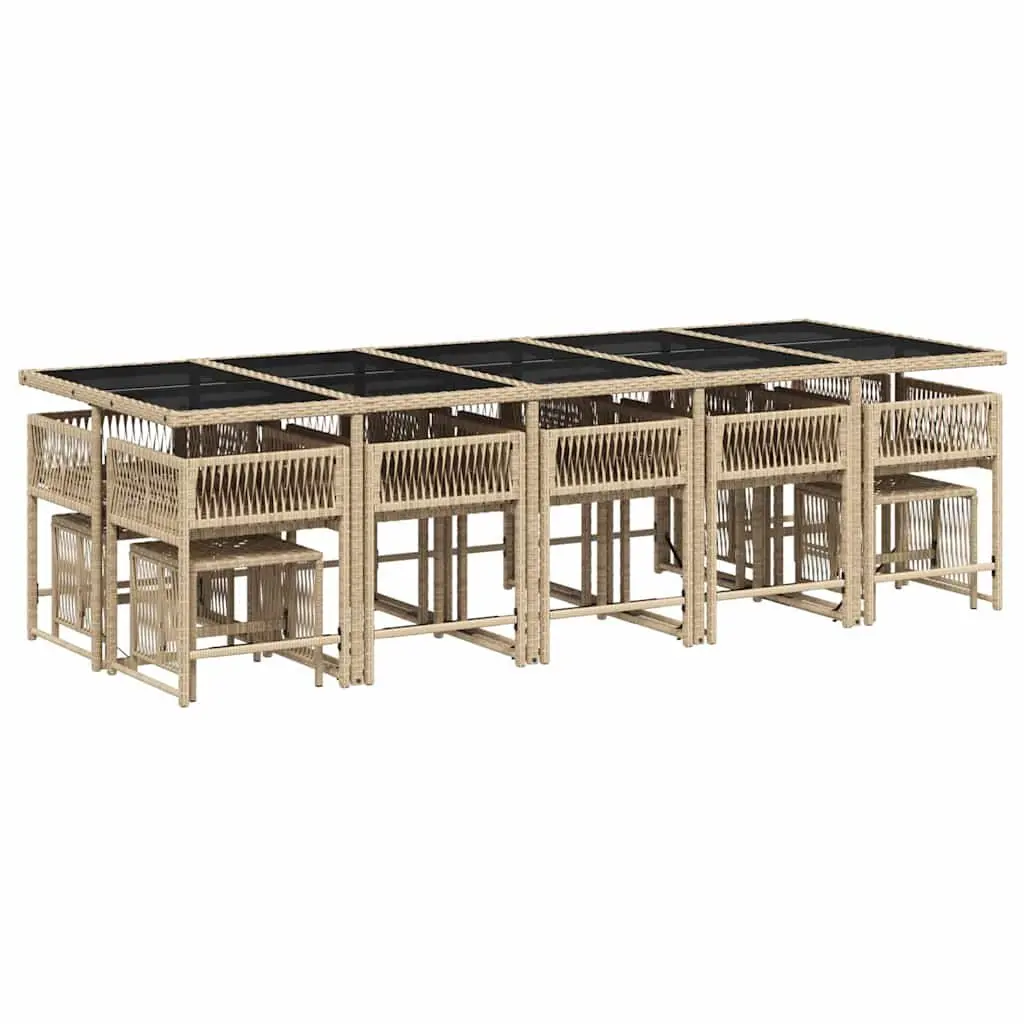 Garden Dining Set 15 Piece Outdoor Furniture Beige Poly Rattan Cushions Glass Top