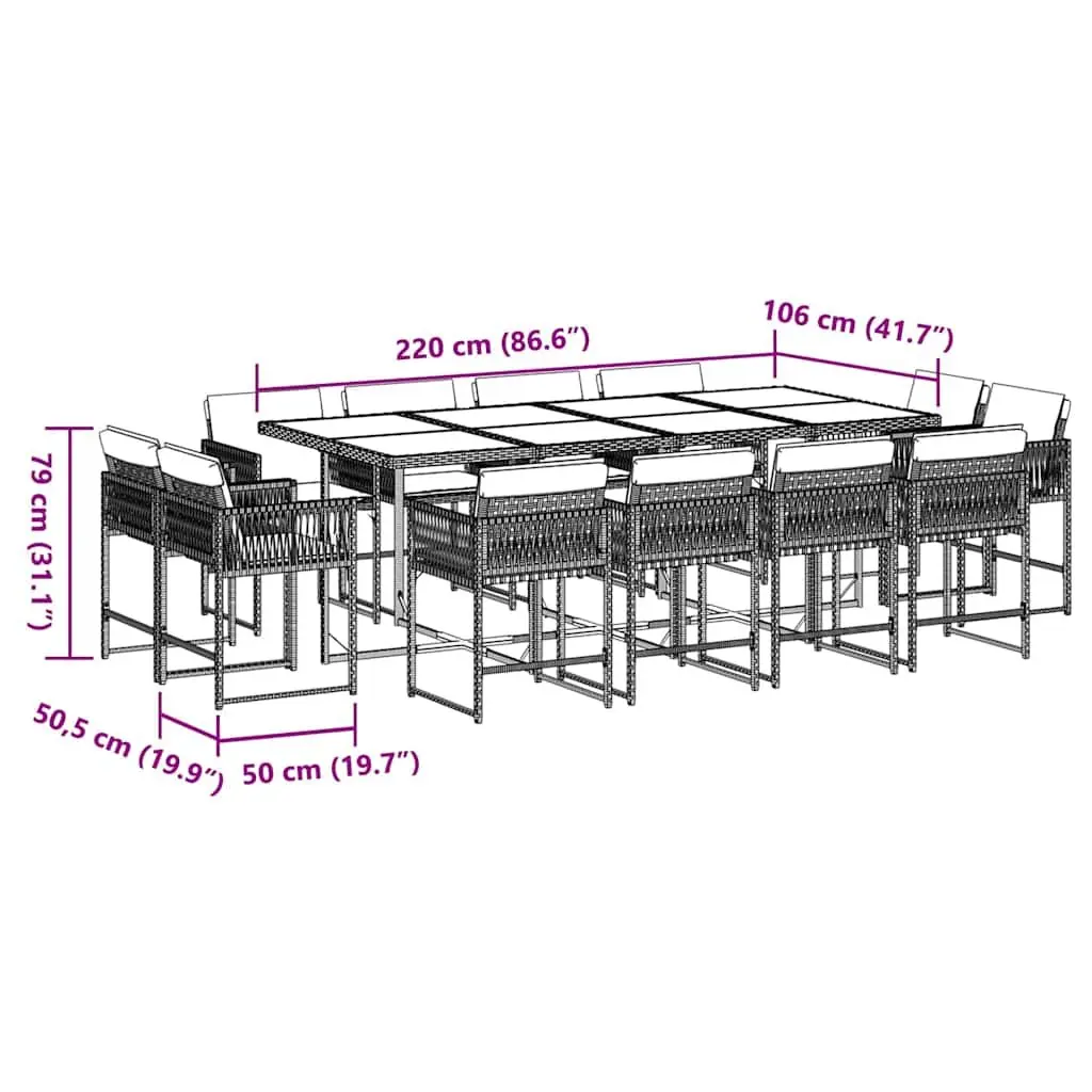 Garden Dining Set 13 Piece Outdoor Furniture Patio Table Chairs Black Poly Rattan Tempered Glass Top Foldable Chair Backrests