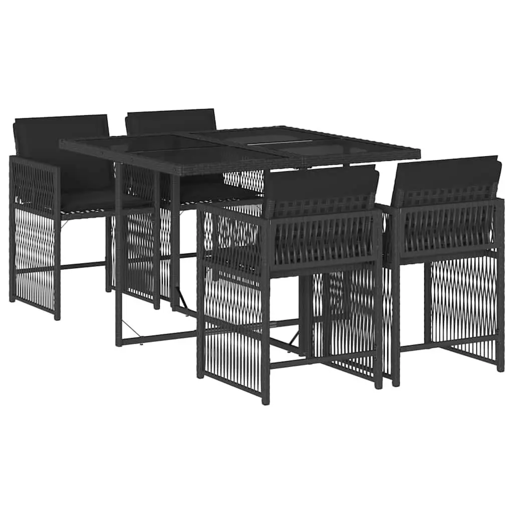 Outdoor Dining Set Black Poly Rattan Chairs and Tempered Glass Table 5 Piece with Foldable Backrests and Removable Cushions