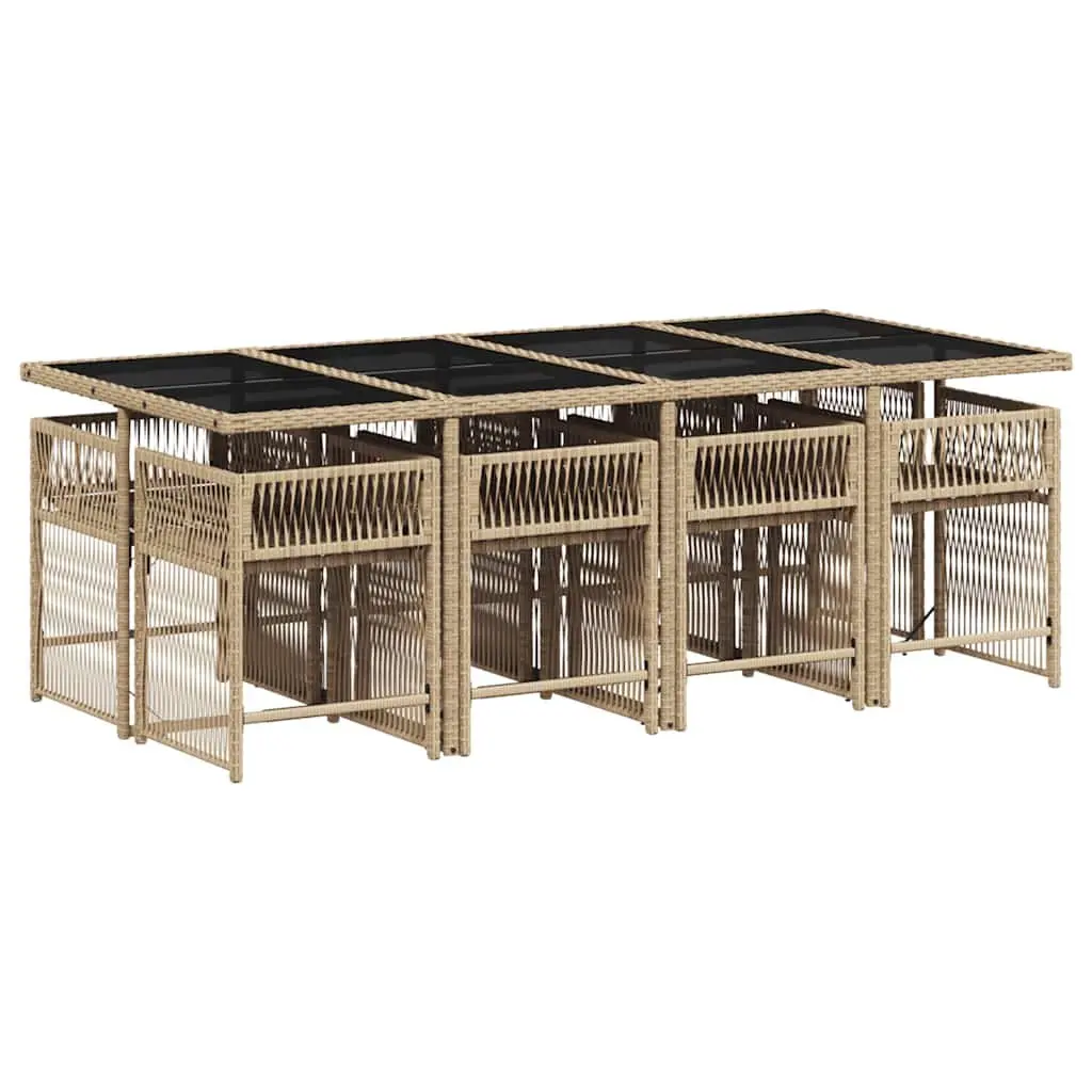 9 Piece Outdoor Dining Set Beige Poly Rattan Cushioned Seating with Tempered Glass Tabletop