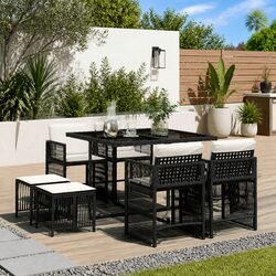 Garden Dining Set 9 Piece Outdoor Furniture Black Poly Rattan Cushions Patio