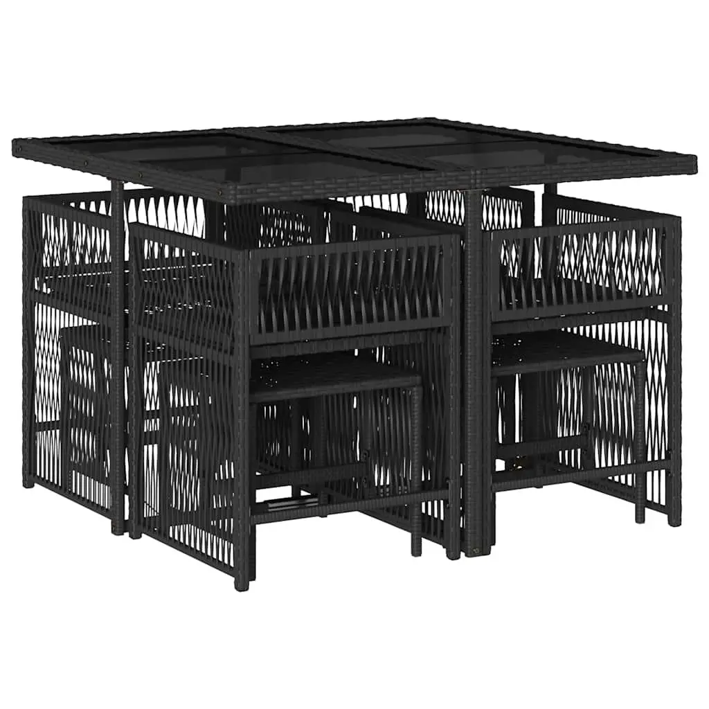 Garden Dining Set 9 Piece Outdoor Furniture Black Poly Rattan Cushions Tempered Glass Table