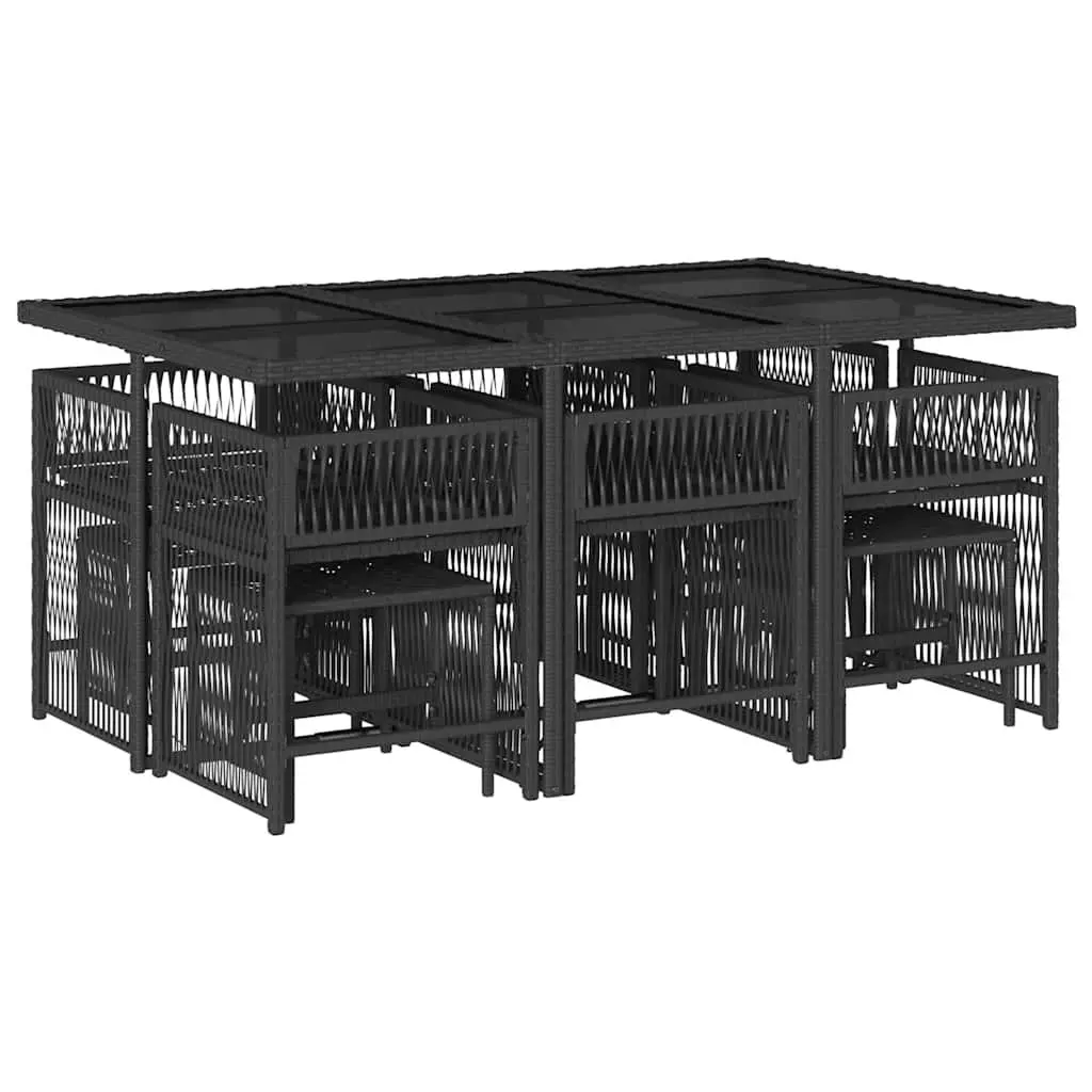 Outdoor Garden Dining Set 11 Piece Black Poly Rattan Table with Tempered Glass Top and Foldable Chairs with Cushions