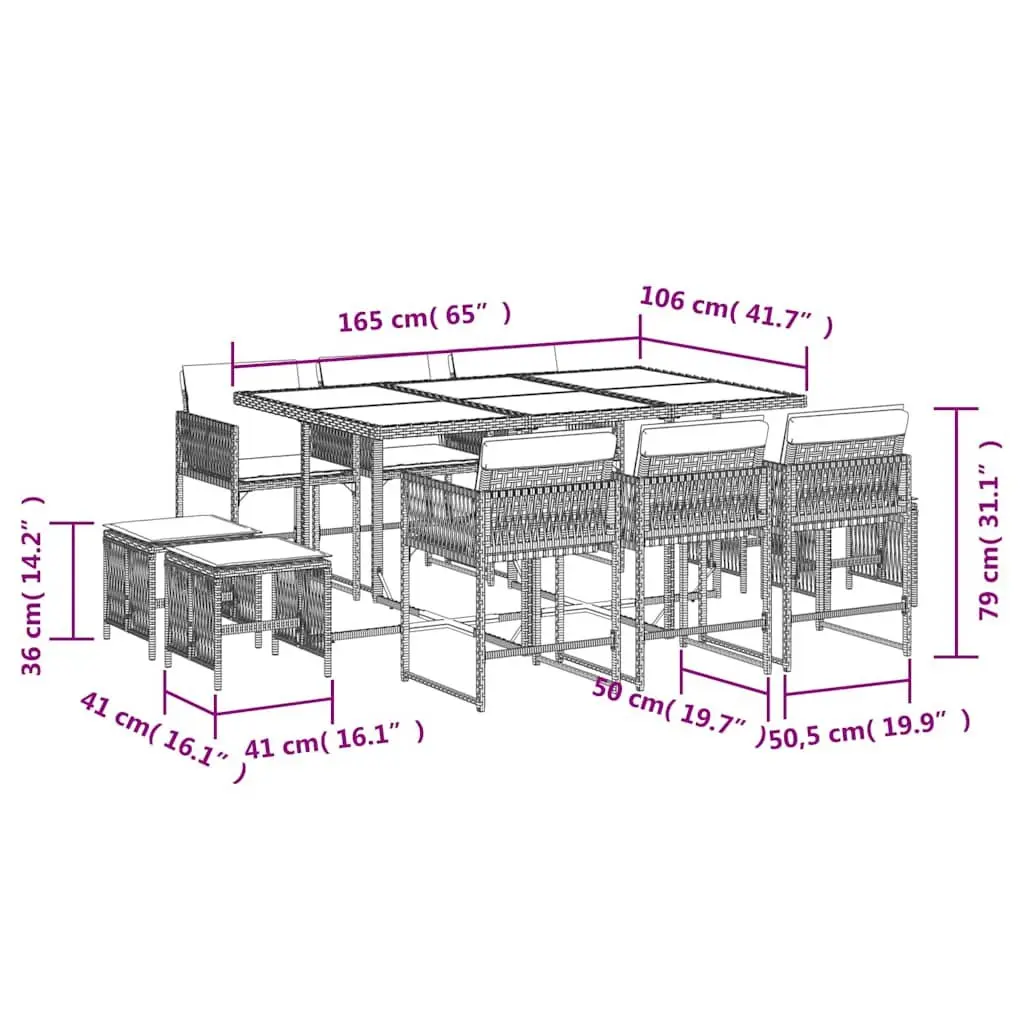Garden Dining Set 11 Piece Outdoor Furniture Light Grey PE Rattan Folding Chairs Tempered Glass Table