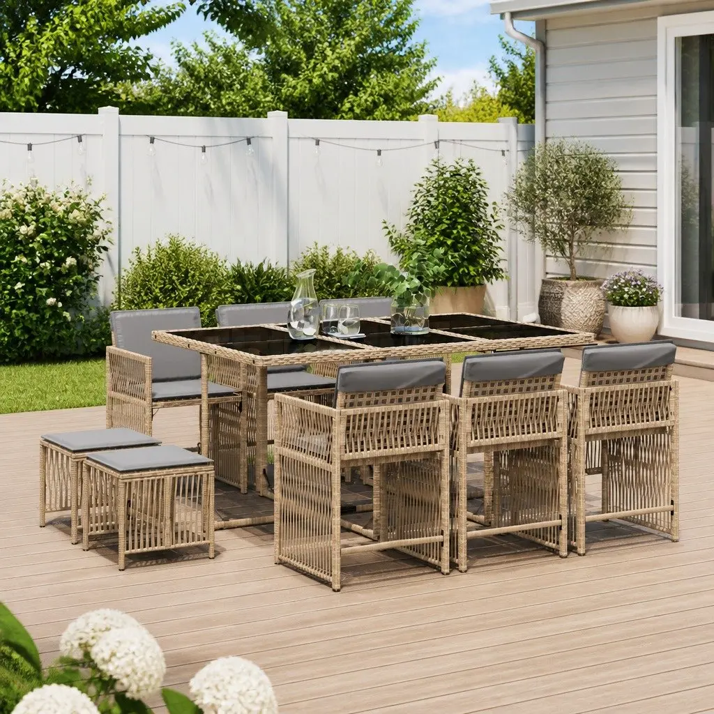 11 Piece Garden Dining Set Beige Poly Rattan Cushions Glass Top Table