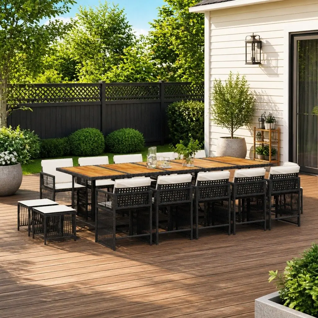 15PieceOutdoorDiningSetBlackPERattanTablewithFoldableChairsandCushions