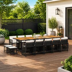 Outdoor Garden Dining Set 15 Piece Black PE Rattan Chairs Table with Cushions
