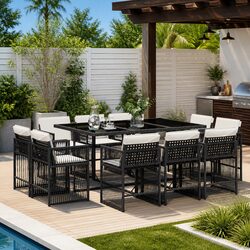 Black Poly Rattan Garden Dining Set - 11 Piece with Cushions