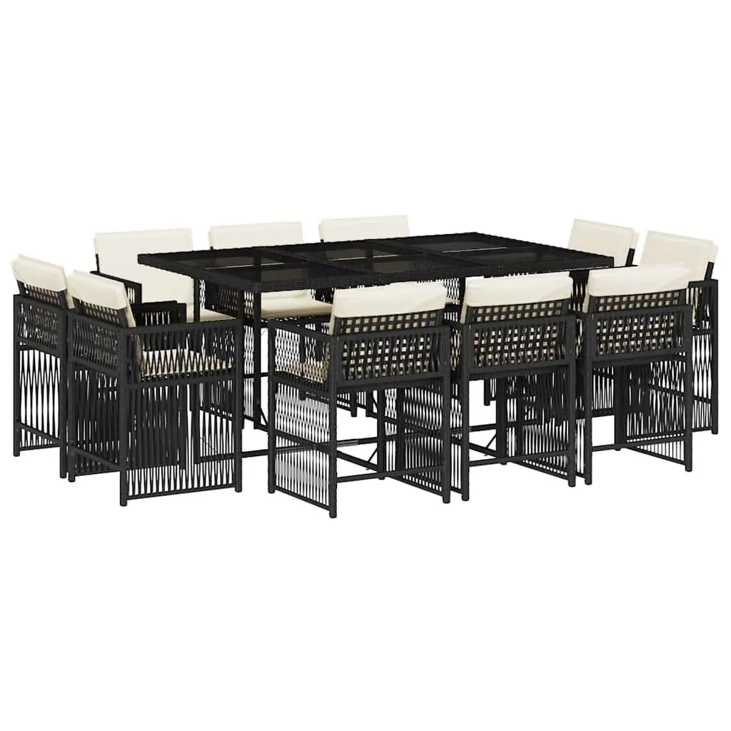 Outdoor Dining Set 11 Pieces Black Rattan Cushions for Garden and Patio with Foldable Chairs and Tempered Glass Table
