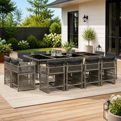 Grey Poly Rattan Garden Dining Set 13 Pieces with Cushions Folding Chairs Glass