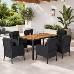 Outdoor Dining Set 7 Piece Garden Furniture Black Poly Rattan with Cushions
