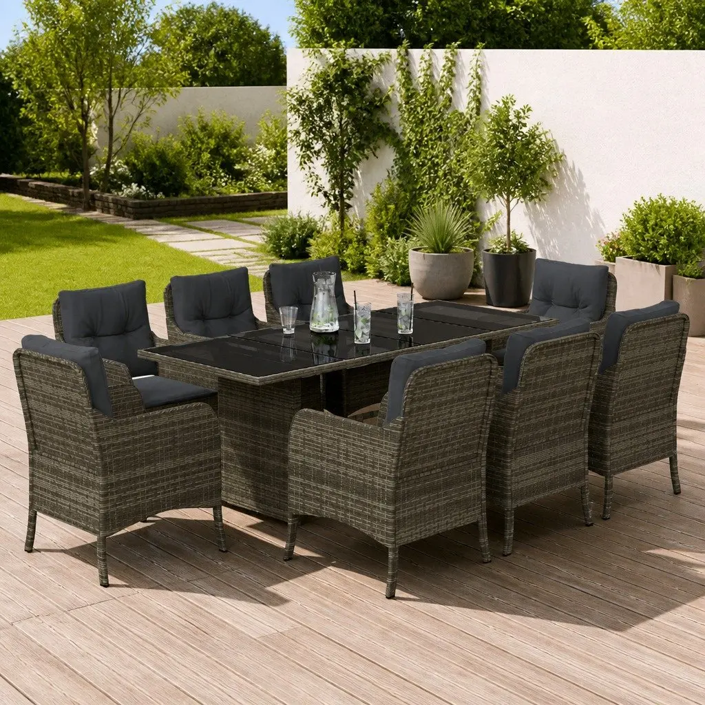 Outdoor Dining Set 9 Piece Grey Poly Rattan Patio Furniture with Cushions and Tempered Glass Table