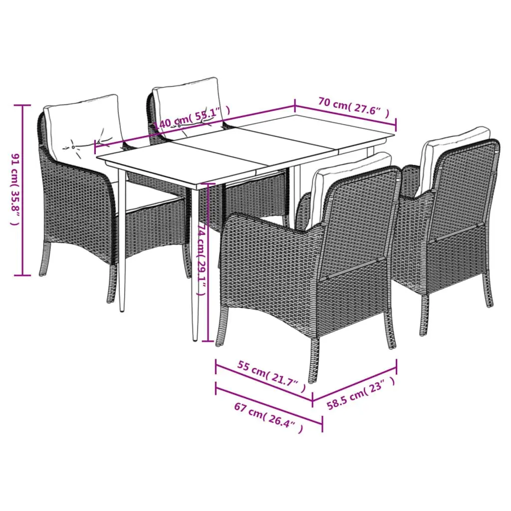 Garden Dining Set 5 Piece Outdoor Furniture Patio Table Chairs with Cushions Weather Resistant PE Rattan Construction Tempered Glass Top
