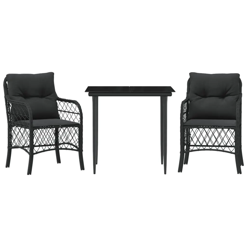 Outdoor Bistro Set 3 Piece Black PE Rattan Furniture with Cushions and Tempered Glass Tabletop