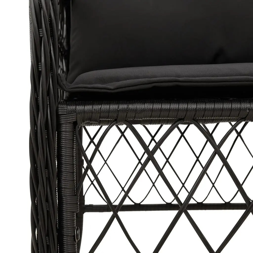 Outdoor Bistro Set 3 Piece Black PE Rattan Furniture with Cushions and Tempered Glass Tabletop