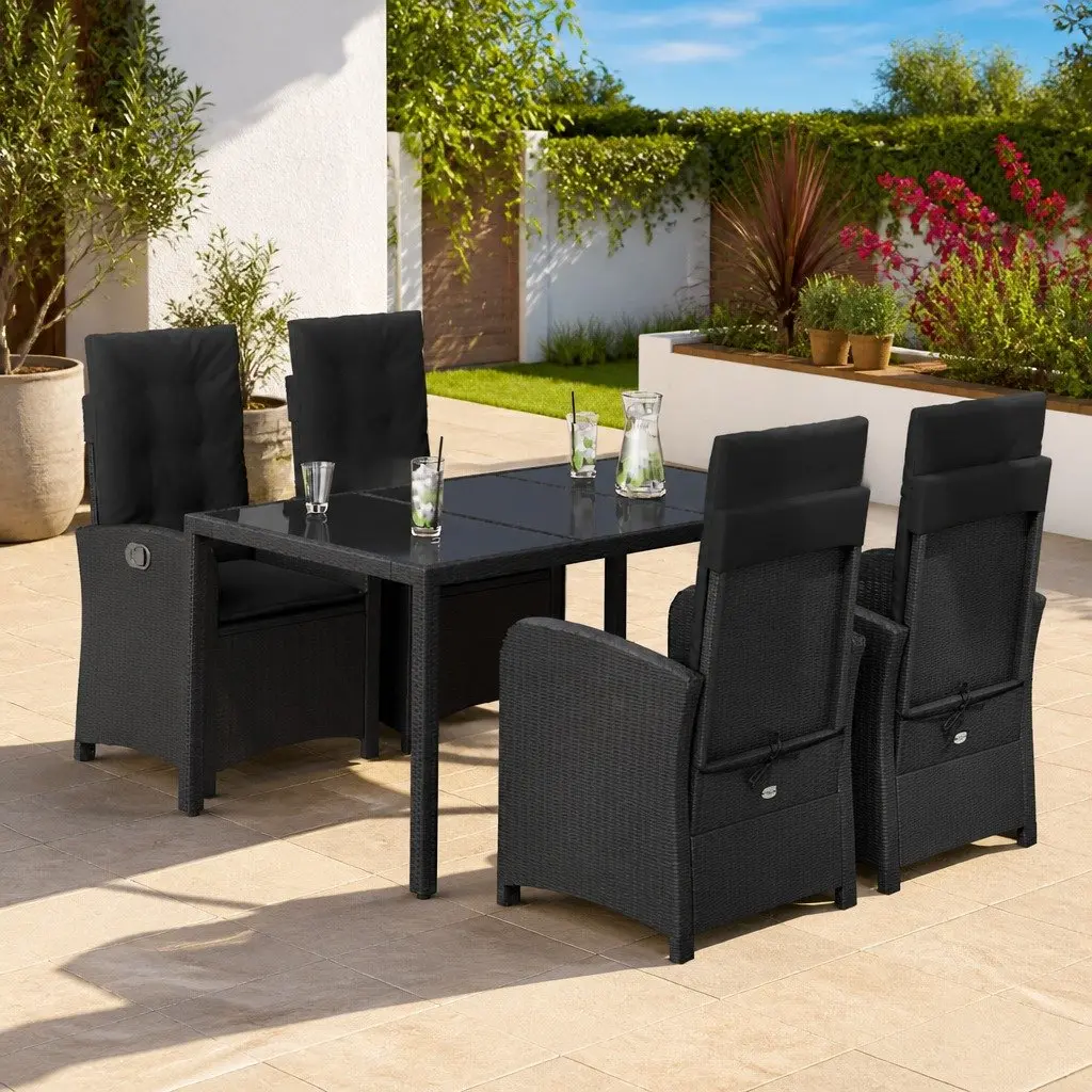 5 Piece Outdoor Dining Set Black Poly Rattan Chairs Table Tempered Glass Top