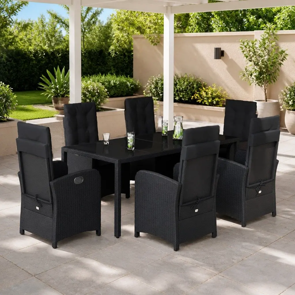 7 Piece Garden Dining Set Outdoor Furniture Black Poly Rattan Cushions