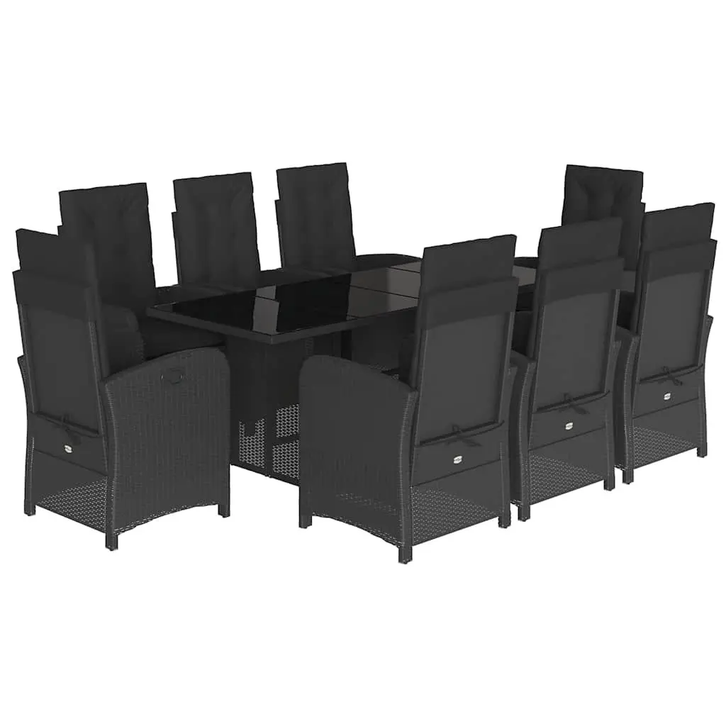 9 Piece Garden Furniture Set Black Poly Rattan Cushioned Dining Chairs Tempered Glass Tabletop