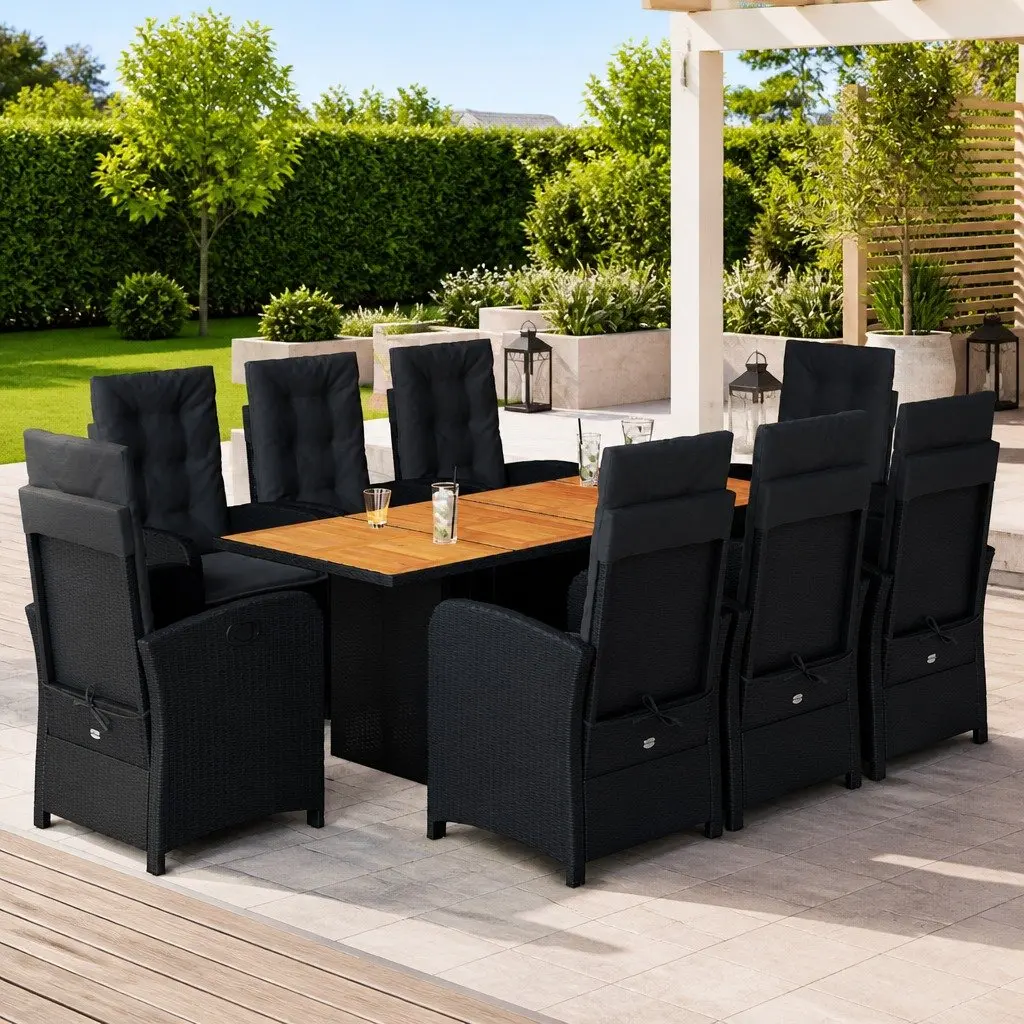 9 Piece Outdoor Dining Set Cushioned Chairs Acacia Wood Table Black Poly Rattan