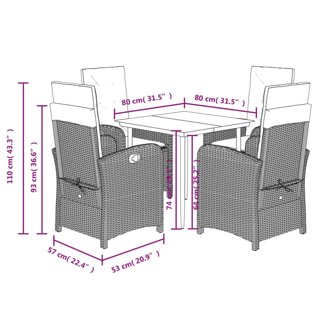 Outdoor Dining Set 5 Piece PE Rattan Chairs Adjustable Backrest Cushions Tempered Glass Table