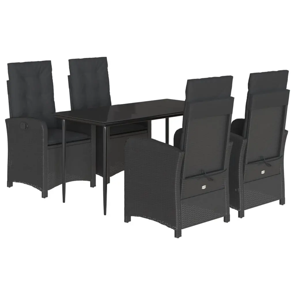 Outdoor Dining Set 5 Piece Black PE Rattan Table with Tempered Glass Top and Adjustable Backrest Chairs