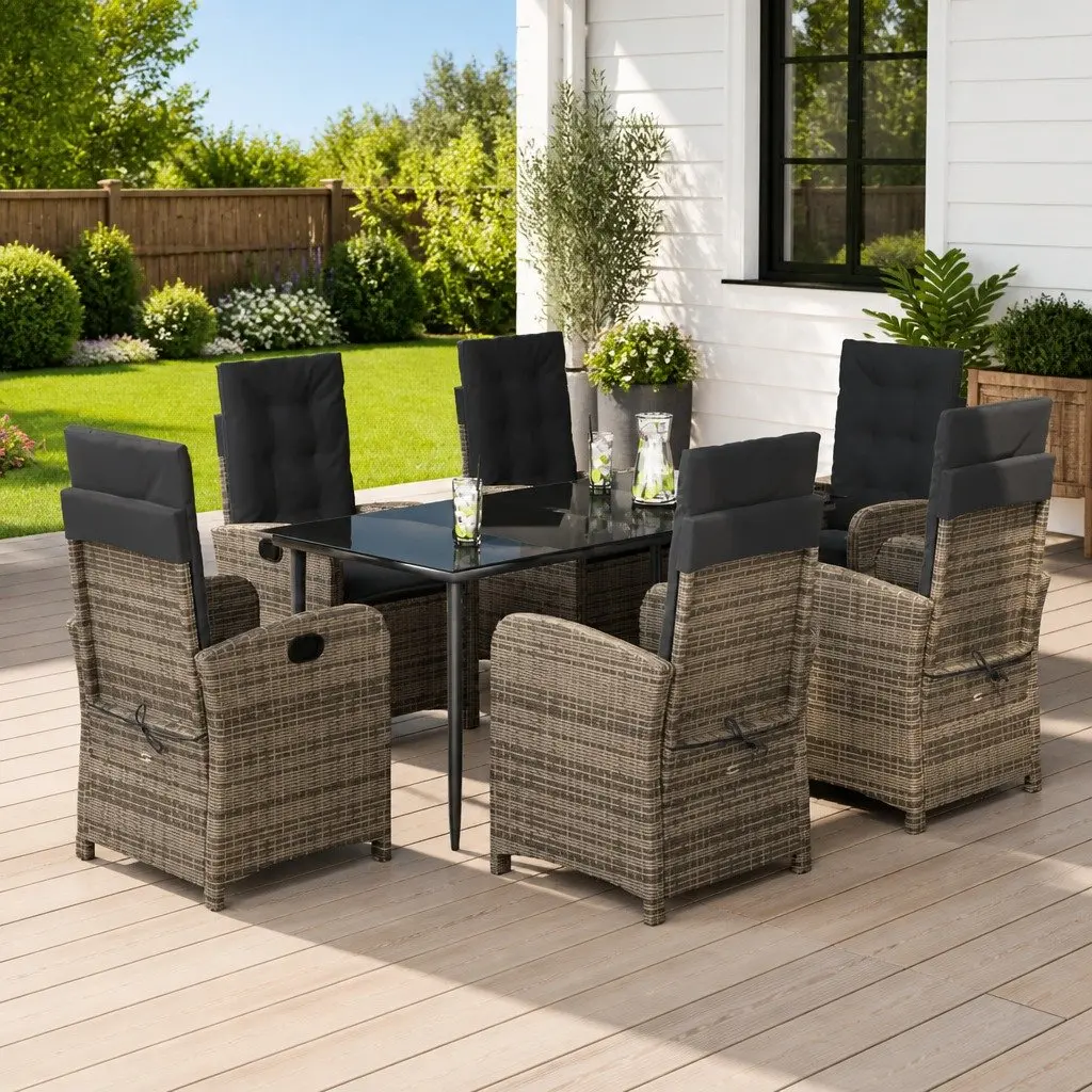 Garden Dining Set 7 Piece Grey Poly Rattan Outdoor Furniture with Adjustable Backrest and Thick Cushions
