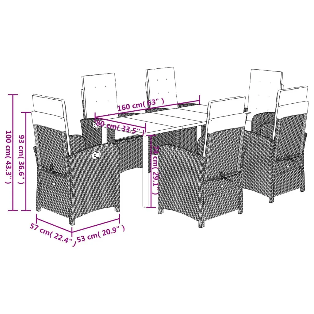 Outdoor Garden Dining Set 7 Piece Grey PE Rattan with Cushions and Tempered Glass Tabletop