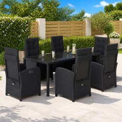 7 Piece Outdoor Garden Dining Set with Cushions Black Poly Rattan Furniture