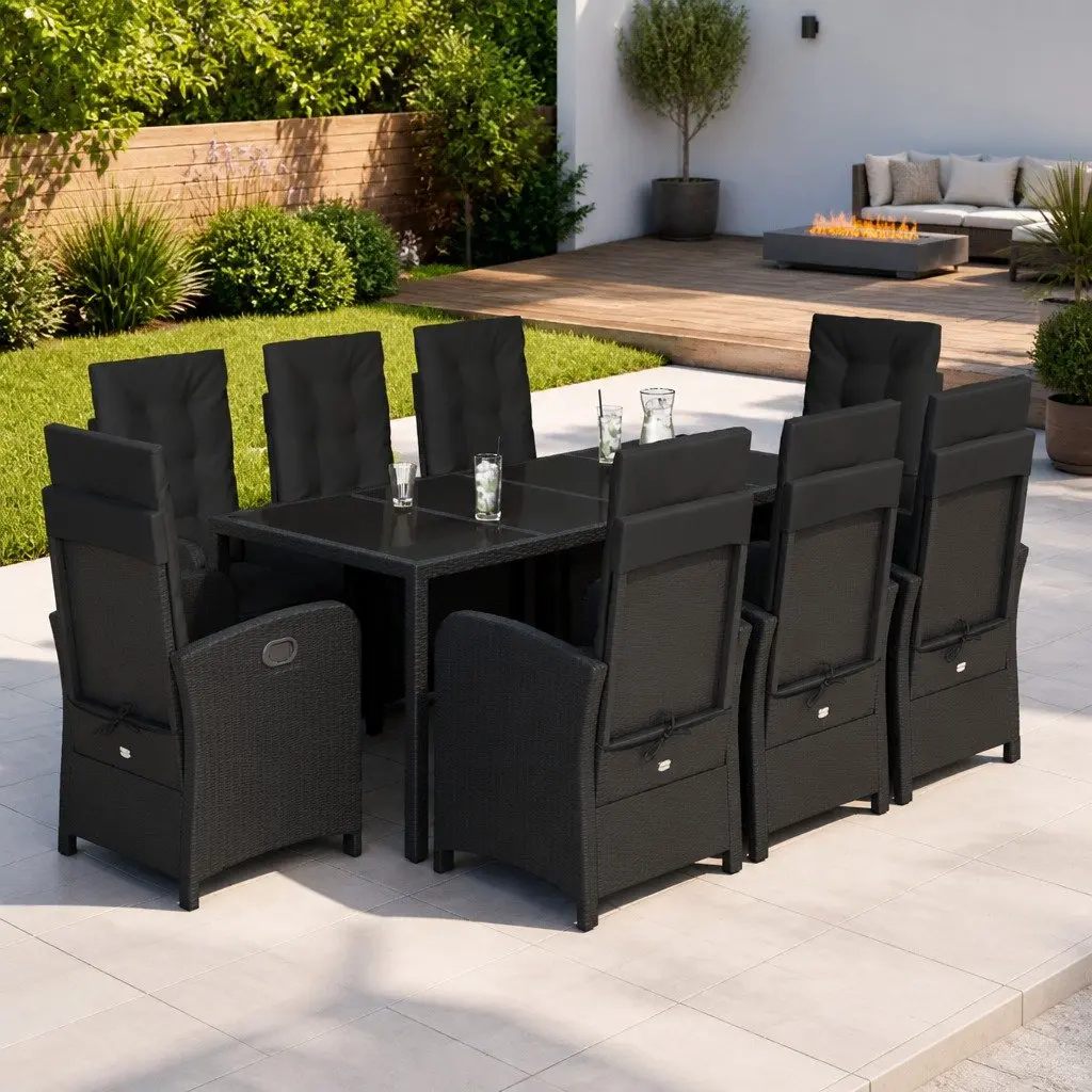 9 Piece Garden Dining Set with Cushions Black Rattan Table and Chairs for Outdoor Use